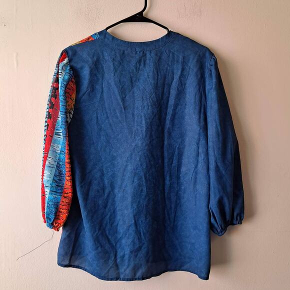 Unknown Blue Multicolored 3/4 Sleeve Button Front Crewneck Blouse - Size S - Picture 9 of 11